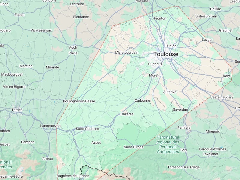Carte Toulouse et ses alentours: délimitation géographique Carte de la région de Toulouse, France, délimitée par une ligne rouge pointillée, incluant Auch, Muret, Castelnau-d'Audary, Pamiers et Tarbes.