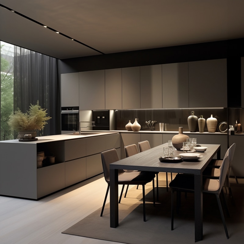 Cuisine Moderne Luxueuse: Design Minimaliste et Salle à Manger Cuisine moderne et minimaliste tons gris/taupe, îlot central, salle à manger avec table sombre, décoration épurée et éclairage indirect.
