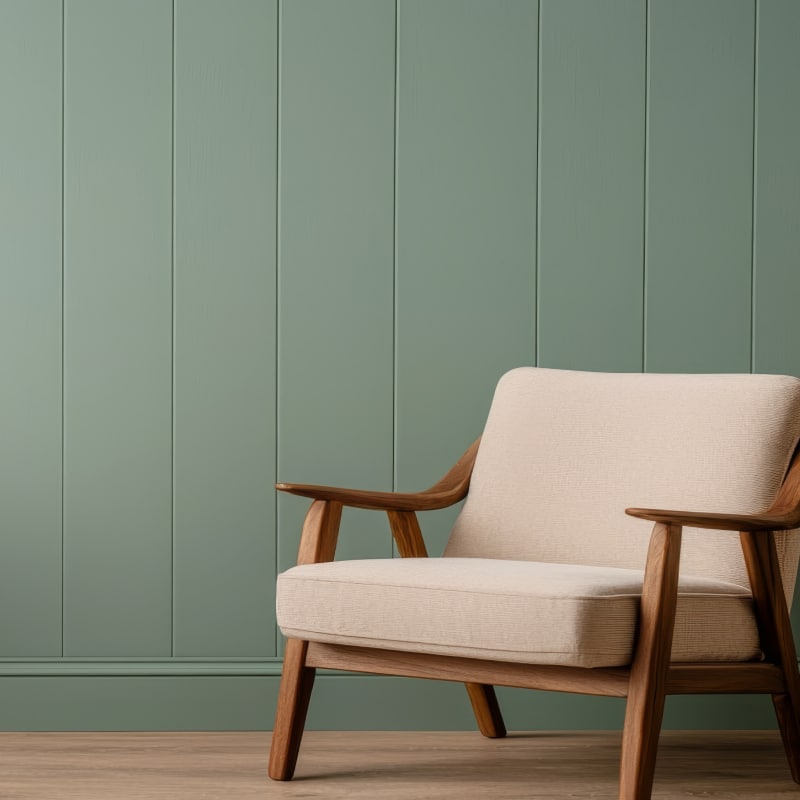 Fauteuil Scandinave Bois et Mur Lambrissé Vert Sauge Fauteuil scandinave en bois clair avec coussins beige texturés, devant un mur lambrissé vert sauge mat, ambiance chaleureuse et moderne.