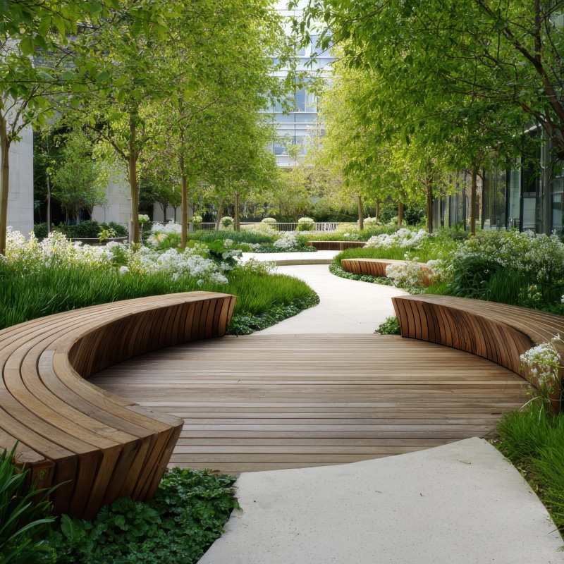 Jardin urbain moderne : design, bois et verdure luxuriante Jardin urbain moderne avec allée sinueuse en bois et béton clair, bancs incurvés en bois, arbres et fleurs blanches luxuriantes.