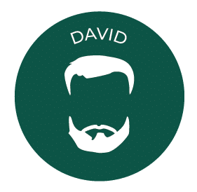 Silhouette blanche stylisée d'une tête d'homme avec barbe et cheveux, inscrite dans un cercle vert foncé avec le texte "DAVID" au-dessus.