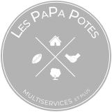 Les Papa Potes : Multiservices Maison, Jardin & Plus Logo rond gris pour "LES PAPA POTES MULTISERVICES ET PLUS" avec icônes : maison, ballon de rugby, arbre, et mains tenant un oiseau.