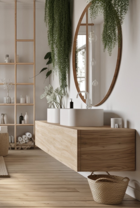 Salle de Bain Naturelle : Bois Clair, Plantes et Style Moderne Salle de bain moderne et lumineuse avec meuble vasque flottant en bois clair, deux lavabos blancs, miroir ovale et plantes retombantes luxuriantes.